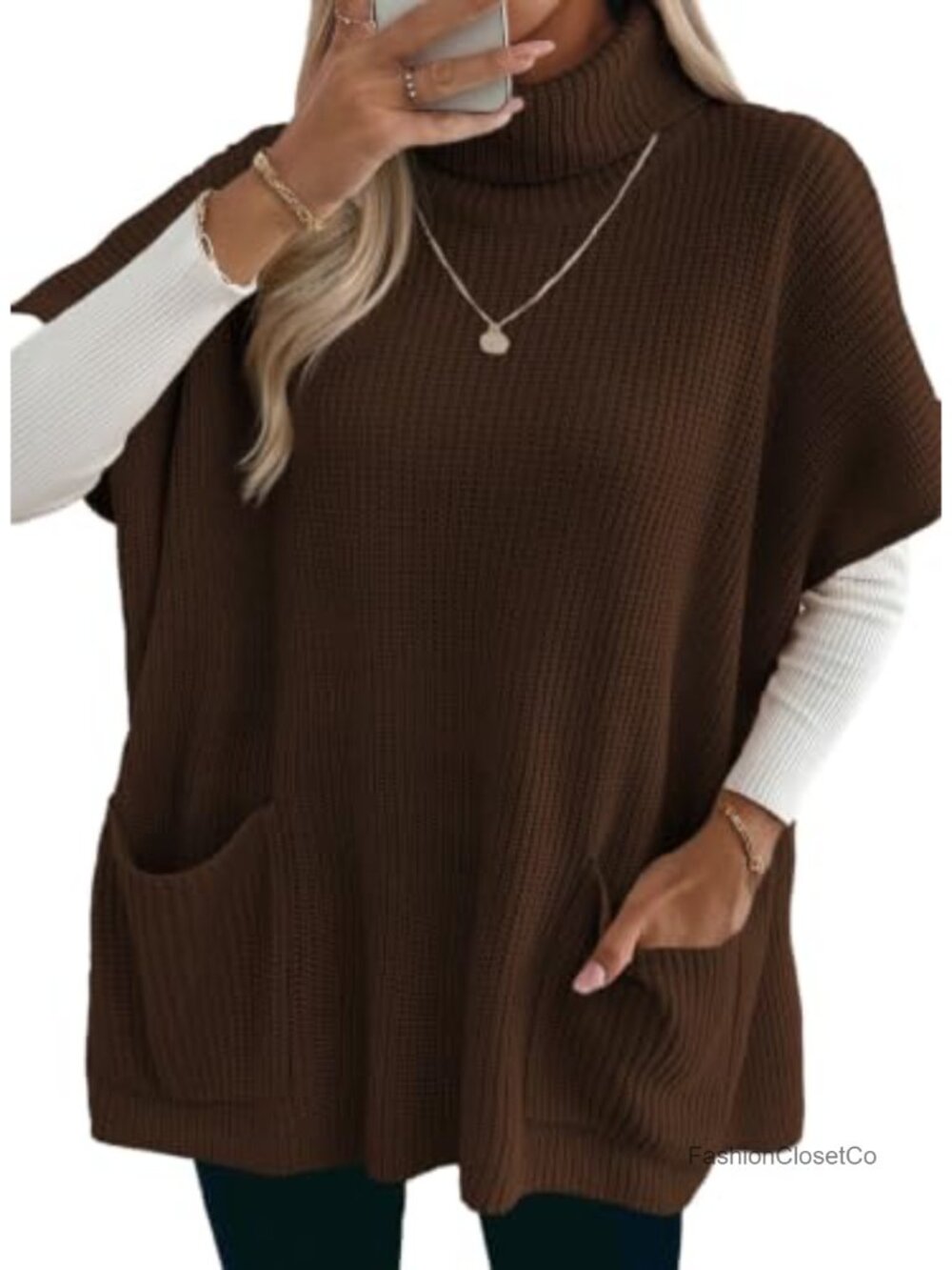 Crochet Knit Turtleneck Sweater Vest Oversized